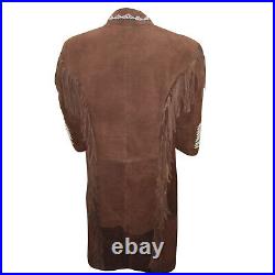 S1057 Pure Suede Leather Tasseled Fringe Style Coat Handmade Jacket Brown Coat