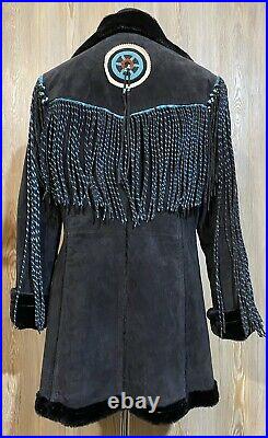 SCULLY Black Leather Suede Turquoise Fringed Shearling Coat Indian Southwest M
