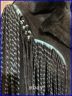 SCULLY Black Leather Suede Turquoise Fringed Shearling Coat Indian Southwest M