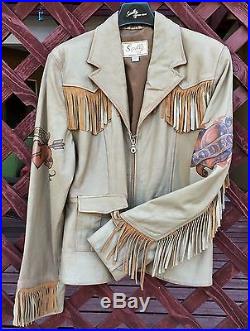 SCULLY Tattoo Cowboy Camel Western Fringe Leather Jacket Cowgirl Rodeo L Large