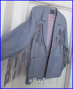 SIENA NEW YORK NY Vtg Blue Leather Fringe Jacket Coat Blazer-Western Boho-Sz S/M