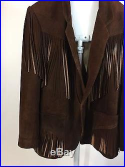 Sam Wolf Texas Fringe Brown Leather Western Cowboy Blazer Jacket Coat Size 44