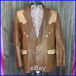Scully Leather Jacket Mens 44 Tooled Brown Tan Western 2 Button Fully Lined Coat