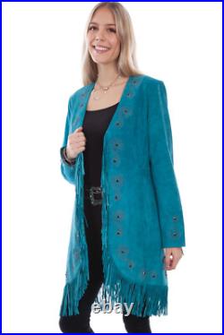 Scully Womens Dark Turquoise Leather Fringe Coat Jacket