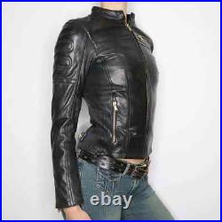 Sexy Style Moto Jacket Real Lambksin Leather Quilted Motorcycle Cropped Jacket