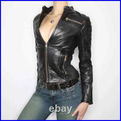 Sexy Style Moto Jacket Real Lambksin Leather Quilted Motorcycle Cropped Jacket