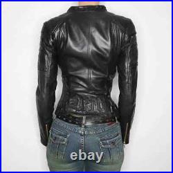 Sexy Style Moto Jacket Real Lambksin Leather Quilted Motorcycle Cropped Jacket