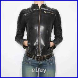 Sexy Style Moto Jacket Real Lambksin Leather Quilted Motorcycle Cropped Jacket