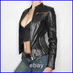 Sexy Style Moto Jacket Real Lambksin Leather Quilted Motorcycle Cropped Jacket