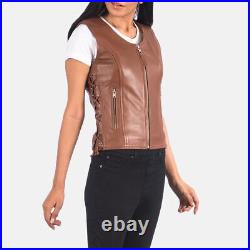 Side Lace Stylish Western Zip Waist Coat Women Vest Coat Brown Lambskin Leather