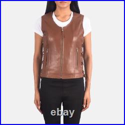 Side Lace Stylish Western Zip Waist Coat Women Vest Coat Brown Lambskin Leather