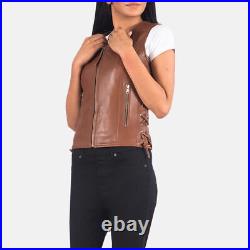 Side Lace Stylish Western Zip Waist Coat Women Vest Coat Brown Lambskin Leather