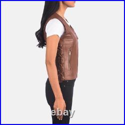 Side Lace Stylish Western Zip Waist Coat Women Vest Coat Brown Lambskin Leather