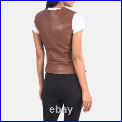 Side Lace Stylish Western Zip Waist Coat Women Vest Coat Brown Lambskin Leather