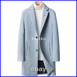 Single Breasted Mens Wool Blend Mid Long Trench Coat Lapel Collar Overcoat Lined