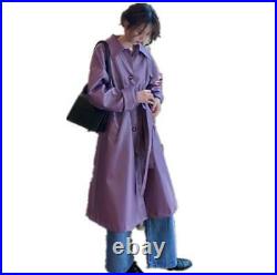 Single Breasted Over Knee Length Trench Coat Overcoat Womens Faux Leather Long L