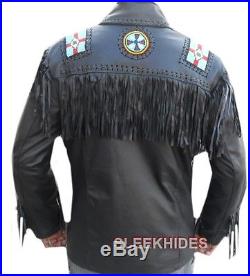 Sleekhides Mens Western Cowboy Leather Jacket Fringed, Beaded & Bones All Sizes