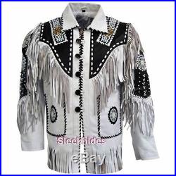 Sleekhides Mens Western Cowboy White Leather Jacket Fringed & Beads All Sizes