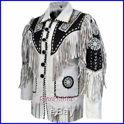 Sleekhides Mens Western Cowboy White Leather Jacket Fringed & Beads All Sizes