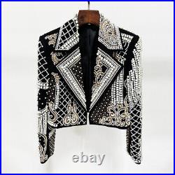 Spring New Embroidery Nail Bead Diamond Short Jacket Women Runway Bead Slim Coat