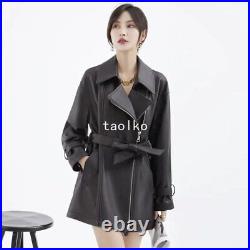 Spring Women Real Leather Motorcycle Mid Long Trench Coat Jacket Lapel Collar XL