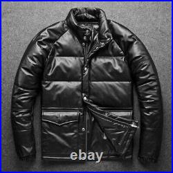 Stand Collar Mens Short Coat Down Jacket Real Leather Cowhide Zipper Western New