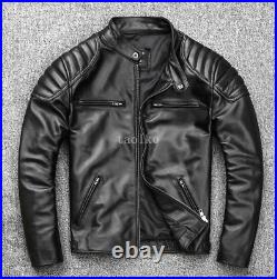 Stand Collar Motorcycle Pocket Buckle Zipper Mens Real Leather Short Jacket Coat