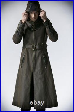 Steampunk Man Long Sleeve Hooded Coat Outdoor Long Brown Jacket Cape Gothic