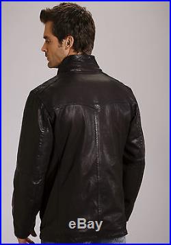 Stetson Mens Black Leather Car Coat Style Jacket Western Button Front