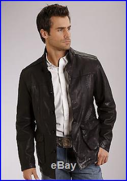 Stetson Mens Black Leather Car Coat Style Jacket Western Button Front L