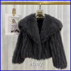 Stylish Winter Womens Big Lapel Collar Real Fox Fur Short Coat Jacket Fashion sz