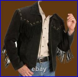 Suede Leather Jacket Fringes Coat Cowboy American Indian Style Men Western Wear