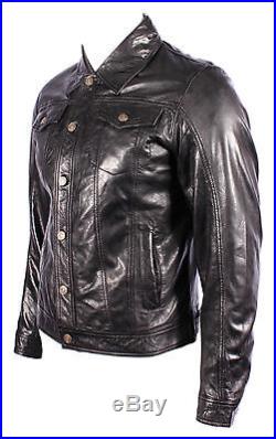 TRUCKER' Denim New Men's WAXED Black Napa Soft Real Western Leather Rock Jacket