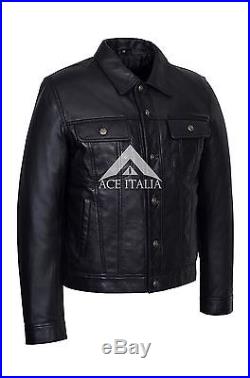 TRUCKER Men's BLACK NAPPA WAX 1280 Classic Real Lambskin Western Leather Jacket