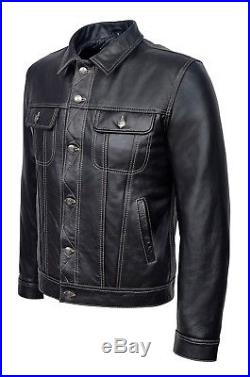 TRUCKER Men's Black Leather Jacket Real Cowhide Classic Western Stylish Shirt