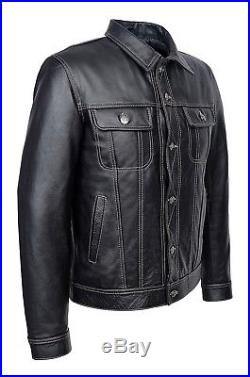 TRUCKER Men's Black Leather Jacket Real Cowhide Classic Western Stylish Shirt