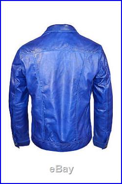 TRUCKER Men's Blue Wax Classic Western Real Soft Genuine Leather Jacket Shirt