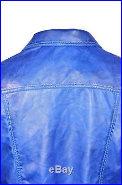 TRUCKER Men's Blue Wax Classic Western Real Soft Genuine Leather Jacket Shirt