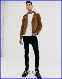 Tan Leather Jacket for Men 100% Suede Biker Motorcycle Coat Tan Leather Jacket for Men 100% Suede Biker Motorcycle Coat