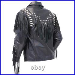 Traditional Men Western Leather cowboy Jacket coat with fringe bones and beads