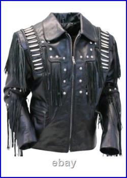 Traditional Men Western Leather cowboy Jacket coat with fringe bones and beads