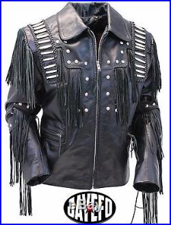 Traditional Mens Western Leather cowboy Jacket coat with fringe bones and beads