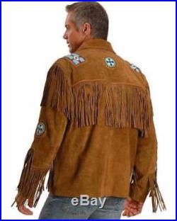 Traditional Mens Western Suede Leather Jacket Eagle Beads Bones And Fringes