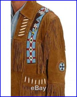 Traditional Mens Western Suede Leather Jacket Eagle Beads Bones And Fringes