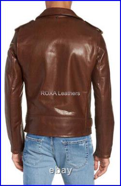 URBAN Men Genuine Cowhide Real Leather Jacket Motorcycle Biker Brown Belted Coat
