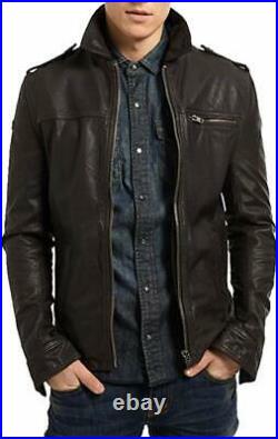 URBAN Men Genuine Lambskin High Quality Leather Black Stylish Biker Jacket Coat