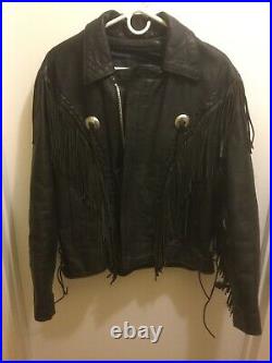 Unik Black Men's Leather Motorcycle Western Jacket Coat with Fringe & Conchos