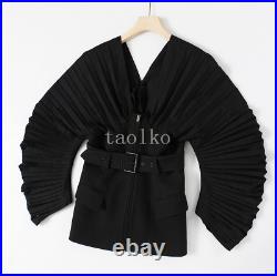 V Neck Belt Pleated Long Sleeve Coat Jacket Women Outwears Slim Fit Zipper Black