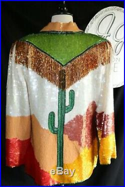 VGT Silk Sequin Beaded Western Blazer Cactus Desert Southwestern Jacket Large