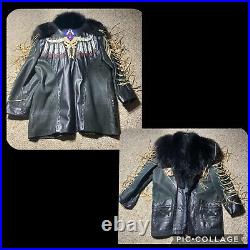 VINTAGE Exclusivos Baez WOMENS L FOX FUR LEATHER WESTERN FRINGE JACKET COAT BULL